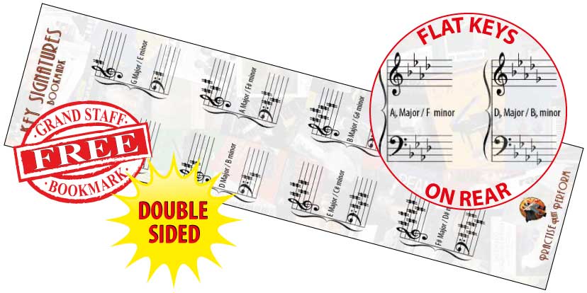 Free Grand Staff Key Signature Bookmark, double-sided with sharp and flat key signatures.